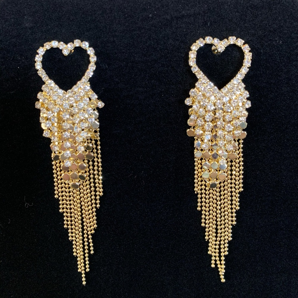 Champagne gold needle love tassel long earrings - Picture 1 of 15